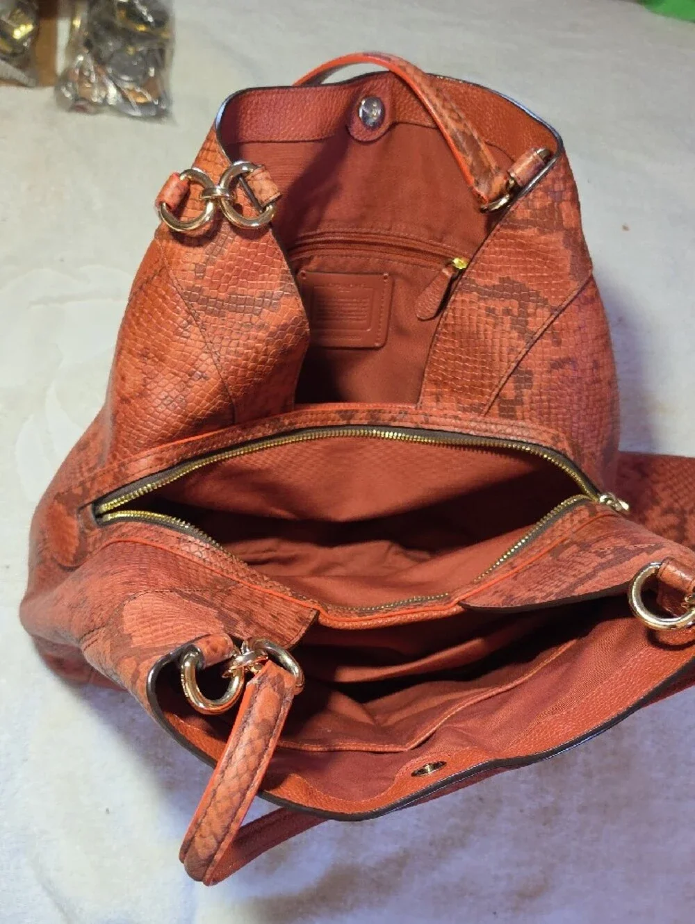 Coach Rust Leather Shoulder Bag with Snakeskin-Print Trim